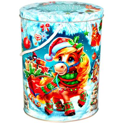 Детский новогодний подарок в жестяной упаковке весом 1000 грамм